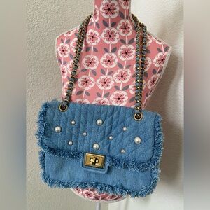 Karl Lagerfeld NWT Blue Denim and pearls Chain Strap Bag